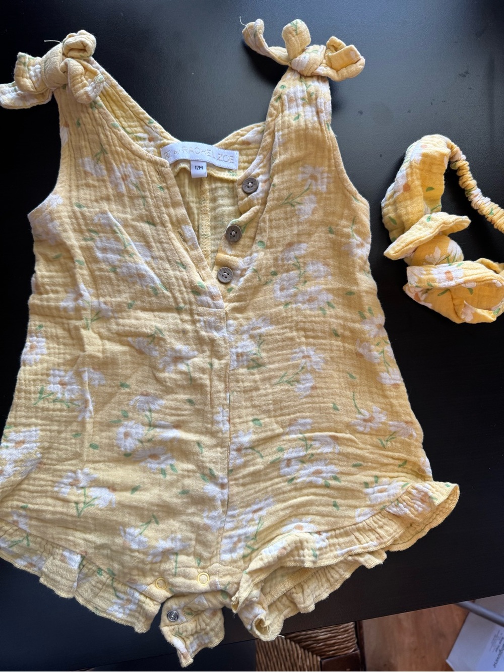 RZ by Rachel Zoe Yellow Daisy Muslin Romper + Headband Set 12M